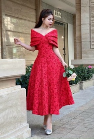 Đầm dáng xòe thiết kế vải gấm trễ vai thời trang nữ Đầm dự tiệc sang trọng dáng xòe kiểu trễ vai nơ