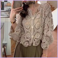 YUJINI Knitted Shrug, Hollow Boho Style Crochet Cardigan, Fashion 3/4 Sleeves Lace Cardigan Summer
