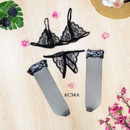 Women's Underwear Bra Set G String + Black Lace Stockings Ac34A
