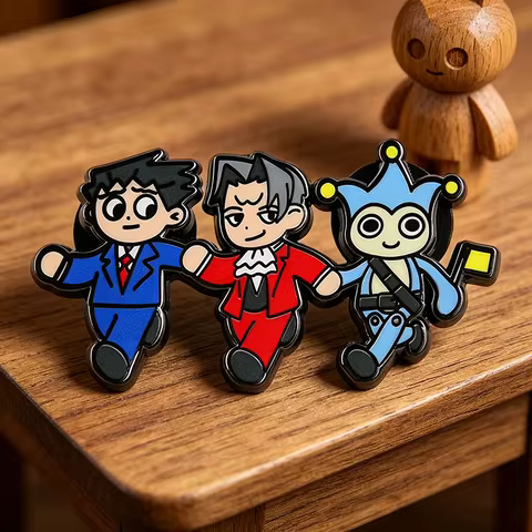 Ace Attorney Anime Game Badge Phoenix Wright Miles Edgeworth & Blue Badger Cute Chibi Enamel Pin For