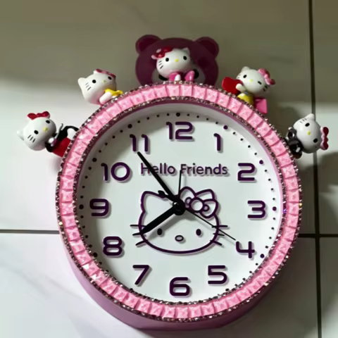 Cartoon Flash Diamond Hello Kitty Silent Sweep Movement Wall Clock Student Wake Up Alarm Clock Desk 
