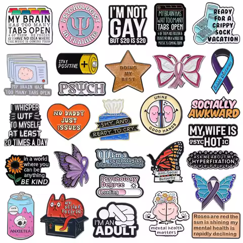 Mental Health Series Enamel Pins Social Anxiety Psychology Awareness Quotes Metal Badge Wholesale Je