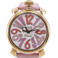 Gaga Milano Manuale 40 手錶 5012.WH.KALA 不鏽鋼和皮革錶帶，義大利製造，玫瑰金石英機芯，類比顯示，白色錶盤，中性款 [二手]