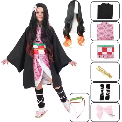 Anime Nezuko Cosplay Kamado Nezuko Cosplay Costume Nezuko Wig Uniform with Props for Adult Halloween