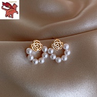 100% Original 916 Gold Double openwork floral earrings French vintage camellia design pearl earrings new jewelry woman