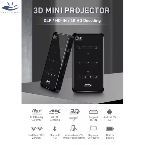 XIAOQIAODZ 1G8G Mini 4K 3D Projector P09-II Portable DLP USB 12V Beamer Micro Android Battery Rechar