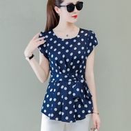 Hàng Mới Về Áo Voan Nữ Áo Chấm Bi Hàn Quốc Áo Peplum Thời Trang Cổ Tròn Áo Sơ Mi Ngoại Cỡ Ngắn Tay T