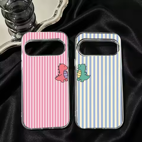 Cute Dinosaur Couple Phone Case For Google Pixel 10 9 Pro XL 8A 8 Pro 6 7 7A 5G Pink Blue Striped Pa