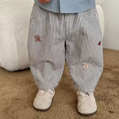 2026 Fall New Toddler Kids Pants Cotton Cartoon Embroidered Harem Pants Baby Boy Casual Striped Deni