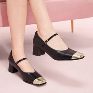 รองเท้า Mary Jane หวนคืนสู่อดีตสไตล์ฝรั่งเศสสำหรับผู้หญิง ส้นหนาสีดำรูปทรงหัวเหลี่ยม ประดับโบว์ สายร