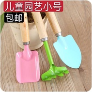 Three-piece set of home gardening tools, small succulent family potted flowers, loose soil, spade and shovel tool set