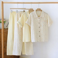 Double Gauze Pajamas Women Spring Summer Short-Sleeved Trousers Two-Piece Japanese Style Plaid Cotto