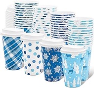 JarThenaAMCS Christmas Disposable Coffee Cups with Lids 16 Oz Xmas Blue Paper Cups Plaid Polka Dot R