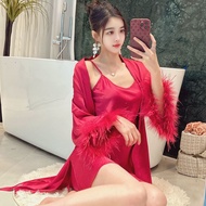 Red Wedding Feather Ice Silk Nightdress Women Spring Summer Feel Spicy Embroidered Pajamas Women Two