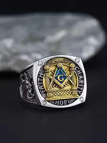 Mens Masonic Faith Hope and Charity Love Freemason Sterling Silver Ring