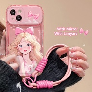 Pink Girl Mirror Lanyard Case Oppo Find X3 Pro X5 A93s A72 A53 A97 A32 A11X A9 A5 2020 R17 R15 Transparent Cute Cartoon Casing Reno 9 8 7 Lite 6 5 Pro Plus 10 Pro+ 7Se 7Z 8Z