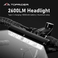TOPRIDER Bicycle Light Front 2600Lumen Bike Light 8000mAh Waterproof Flashlight USB Charging MTB Roa
