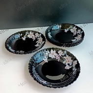 10.5 Inch Black Opal Glass Buffet Plate Soup Plate Set Pinggan Nasi Pinggan Mangkuk Bunga Hiasan Floral Design Support "