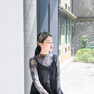 雙拼髮帶 / 黑白花油 - 湖綠