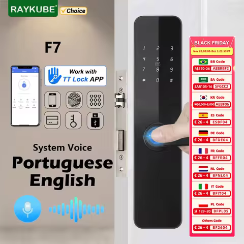 RAYKUBE F7 TT Lock Fingerprint Lock Electric Door Lock With Longer Larger Handle Portuguese/English 