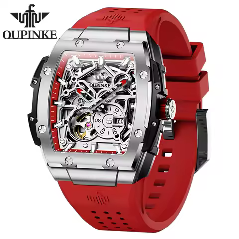 OUPINKE Mens Watch Brand Tonneau Automatic Mechanical Luminous Original Hollowing Out Movement Sapph