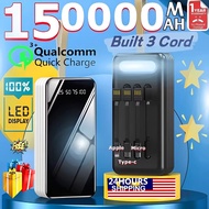 150000mAh Power Bank 4 Cables Full Capacity Power Bank Portable Fast Charging Digital Display Slim B
