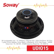 Soway UDIO15 ลำโพง PA ขนาด 15นิ้ว  (Midlow) 220x110x20mm. W125oz T yoke 31mm+Washer 12mm Black  8Ω 1400W Voice Coil: TIL 100 SPL: 97dBFrequency Response: 45-3000 Hz ลำโพงสำหรับตู้ลำโพง 1ดอก