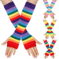 Knitted Fingerless Gloves Striped Fingerless Gloves Elbow-length Mittens Long Elbow Mittens Rainbow Striped Gloves Women's Fingerless Gloves