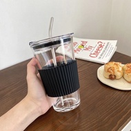 Korean Ins Simple Glass Student Female Portable with Cover Coffee Cup with Straw Online Red High-Looking Water Cup/Reusable Transparent Starbucks Tumbler Cups straw Cup