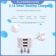 Uk Wall Plug Power 3-pin Plug Adapter Charger With 3 Usb Ports For Mobile Phone Tablets flower