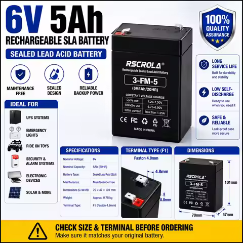 6V 5Ah SLA Battery 3-FM-5 Rechargeable Sealed Lead Acid Battery Maintenance Free for UPS Alarm Emerg