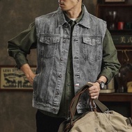 American Retro Denim Vest Men's Multi-Pocket Thin Jacket for Construction Site Welding