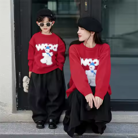 Family Christmas Sweaters 2026 Festive Red Snowman Knitwear Couple Parents Kids Matching Outfits Hol