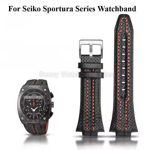 For Seiko Sportura SNL017 SNA595P2 SNL029P2 Replacement 15x27mm Black Leather Watch Strap Stainless 