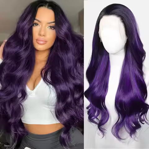 Ombre Purple Synthetic Lace Front Wigs Natural Wave Dark Roots 13x4 Lace Wig Pre Plucked Dark Roots 