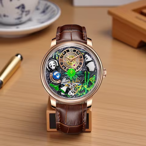 Panda Bamboo Mechanical Men's Leather Strap 30 Meter Waterproof Glowing Earth Astronomy Men's Watch 
