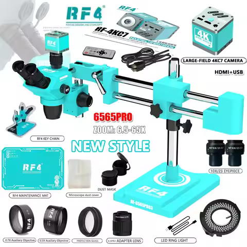 RF4 Zoom Triocular Stereo Microscope 360° Double Cantilever Support 6.5-65X 2K 4K USB HDMI Camera Fo