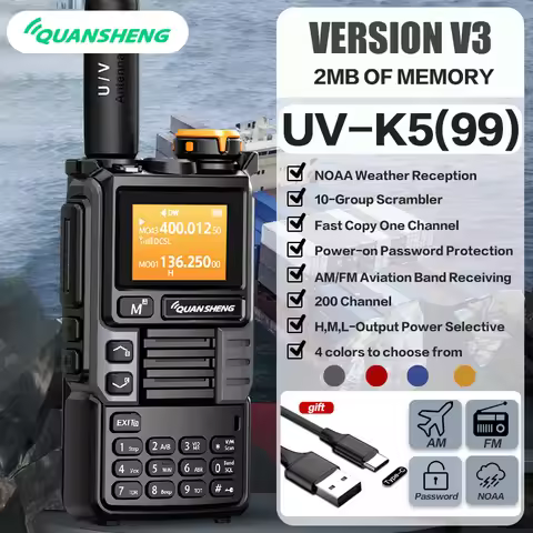 QUANSHENG UV-K5(99) V3 Walkie Talkie 2MB Memory 50-600MHz Air Band RX 5W Two Way Radio Type-C Wirele