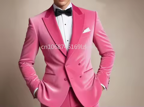 Men's Pink Double Breasted Slim Fit Party Wear Elegant Wedding Velvet Coat