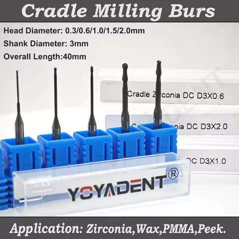 Cradle A51/A52/A53 Dental Zirconia Milling Burs Diamond Coated Dia. 2.0/1.5/1.0/0.6/0.3mm For Grindi