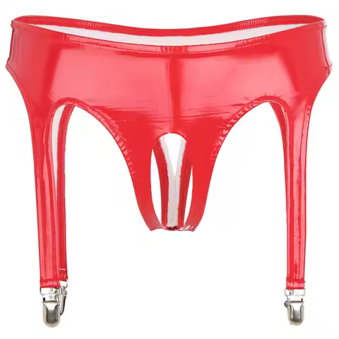 Womens Lingerie Glossy Patent Leather Briefs Underwear with Garter Clips Open Crotch Thong Lingerie 