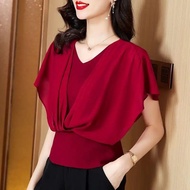 Batwing Sleeve Chiffon Top Women Summer Short Sleeve Waist Gathered Casual