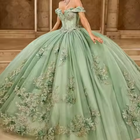 Angelsbridep Ball Gown Quinceanera Dresses XV Vestidos De 15 Anos Glittering 3D Lace Flower Formal B