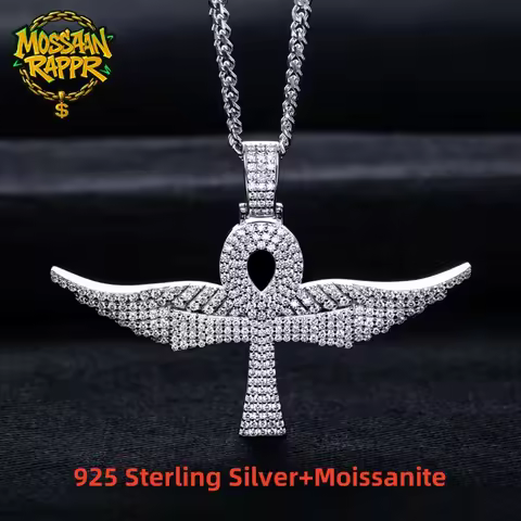 MossanRappr 3.3cttw Moissanite Angel Wing Cross Pendant Iced Out Hip Hop Necklace 925 Sterling Silve