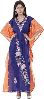 Shaded Poly Silk Kashmiri Aari Work Designer Kaftan Maxi Dress Beachwear Cover Up (MULTI-191)