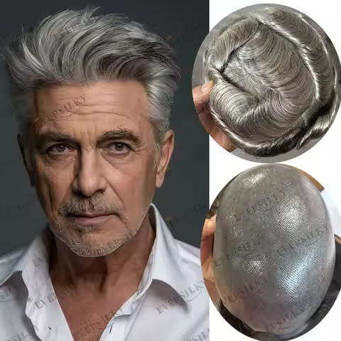 Undetectable #565 Mixed Brown with Grey Human Hair Man's Wigs Super Durable Strong 0.06mm-0.08mm Ski