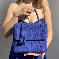 Designer shoulder bag Women crocheted handbag Embroidered blue crossbody bag