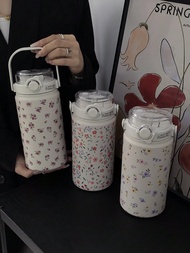 1pc 1000ml/33.82oz Rose Floral Pattern Insulated Tumbler, Thermal Mug, Large Capacity Sports Water B