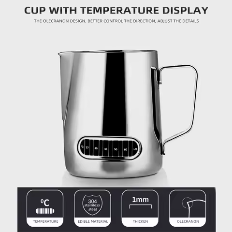 12/20oz Milk Frothing Pitcher with Temperature Display Stainless Steel Milk Frother Pitcher Jug Cup