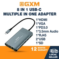 GXM 8-in-1 USB-C Docking Station Hub with HDMI 4K, VGA 1080P, RJ45 Gigabit LAN, 100W PD Charging, SD